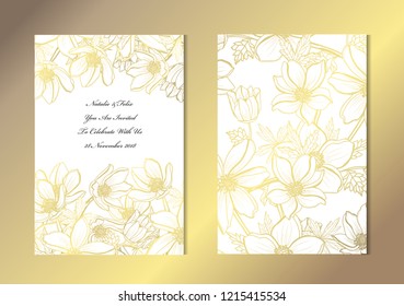 Elegant golden cards with decorative anemones, design elements. Can be used for wedding, baby shower, mothers day, valentines, birthday, rsvp cards, invitations, greetings. Golden template background