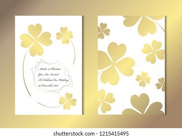 Elegant golden cards with decorative clovers, design elements. Can be used for wedding, baby shower, mothers day, valentines, birthday, rsvp cards, invitations, greetings. Golden template background
