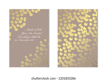 Elegant golden cards with decorative dots , design elements. Can be used for wedding, baby shower, mothers day, valentines day, birthday, rsvp cards, invitations, greetings. Golden template background