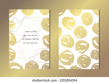 Elegant golden cards with decorative dots , design elements. Can be used for wedding, baby shower, mothers day, valentines day, birthday, rsvp cards, invitations, greetings. Golden template background