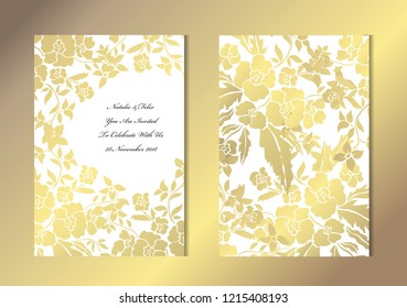 Elegant golden cards with decorative flowers, design elements. Can be used for wedding, baby shower, mothers day, valentines, birthday, rsvp cards, invitations, greetings. Golden template background