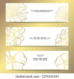 Elegant golden cards with decorative flowers, design elements. Can be used for wedding, baby shower, mothers day, valentines day, birthday, rsvp, invitations, greetings. Golden template background