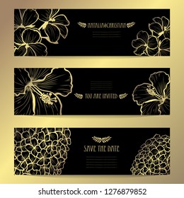 Elegant golden cards with decorative flowers, design elements. Can be used for wedding, baby shower, mothers day, valentines day, birthday, rsvp, invitations, greetings. Golden template background