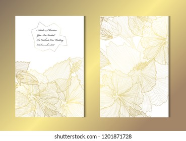 Elegant golden cards with decorative hibiscus, design elements. Can be used for wedding, baby shower, mothers day, valentines, birthday, rsvp cards, invitations, greetings. Golden template background