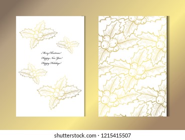 Elegant golden cards with decorative holly berries, design elements. Can be used for christmas, new year, winter, birthday, rsvp cards, invitations, greetings. Golden template background