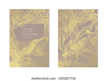 Elegant golden cards with decorative leaves, design elements. Can be used for wedding, baby shower, mothers day, valentines, birthday, rsvp cards, invitations, greetings. Golden template background