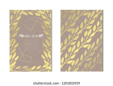 Elegant golden cards with decorative leaves, design elements. Can be used for wedding, baby shower, mothers day, valentines day, birthday, rsvp cards, invitations, greetings.Golden template background