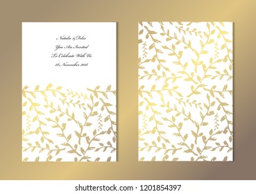 Elegant golden cards with decorative leaves, design elements. Can be used for wedding, baby shower, mothers day, valentines, birthday, rsvp cards, invitations, greetings. Golden template background