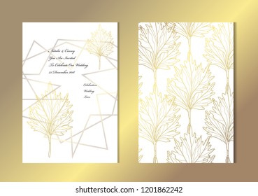 Elegant golden cards with decorative leaves, design elements. Can be used for wedding, baby shower, mothers day, valentines, birthday, rsvp cards, invitations, greetings. Golden template background