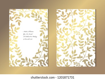 Elegant golden cards with decorative leaves, design elements. Can be used for wedding, baby shower, mothers day, valentines, birthday, rsvp cards, invitations, greetings. Golden template background