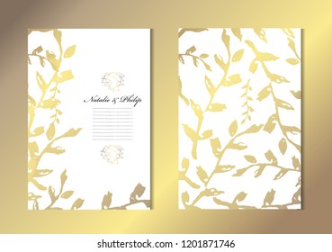 Elegant golden cards with decorative leaves, design elements. Can be used for wedding, baby shower, mothers day, valentines, birthday, rsvp cards, invitations, greetings. Golden template background