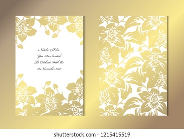 Elegant golden cards with decorative orchids, design elements. Can be used for wedding, baby shower, mothers day, valentines, birthday, rsvp cards, invitations, greetings. Golden template background