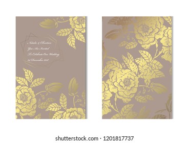 Elegant golden cards with decorative peonies, design elements. Can be used for wedding, baby shower, mothers day, valentines, birthday, rsvp cards, invitations, greetings. Golden template background