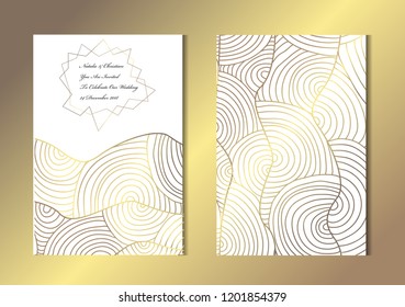 Elegant golden cards with decorative waves, design elements. Can be used for wedding, baby shower, mothers day, valentines day, birthday, rsvp cards, invitations, greetings. Golden template background