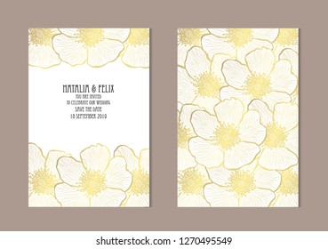 Elegant golden cards with dog rose flowers, design elements. Can be used for wedding, baby shower, mothers day, valentines day, birthday, rsvp cards, invitations, greetings. Golden template background