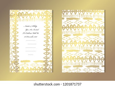 Elegant golden cards with grunge decorations, design elements. Can be used for wedding, baby shower, mothers day, valentines, birthday, rsvp cards, invitations, greetings. Golden template background