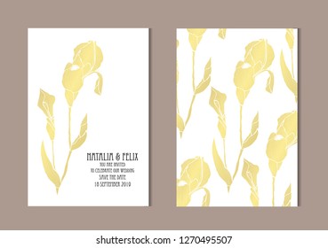 Elegant golden cards with iris flowers, design elements. Can be used for wedding, baby shower, mothers day, valentines day, birthday, rsvp cards, invitations, greetings. Golden template background