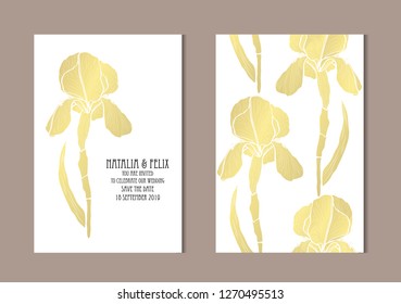 Elegant golden cards with iris flowers, design elements. Can be used for wedding, baby shower, mothers day, valentines day, birthday, rsvp cards, invitations, greetings. Golden template background