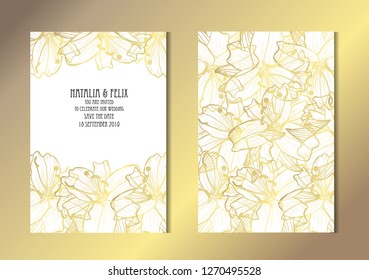 Elegant golden cards with lily flowers, design elements. Can be used for wedding, baby shower, mothers day, valentines day, birthday, rsvp cards, invitations, greetings. Golden template background