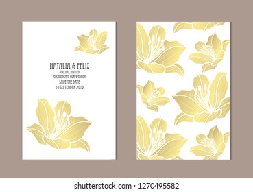 Elegant golden cards with lily flowers, design elements. Can be used for wedding, baby shower, mothers day, valentines day, birthday, rsvp cards, invitations, greetings. Golden template background