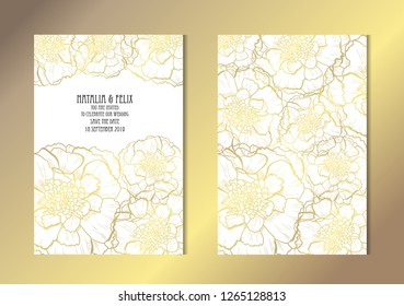 Elegant golden cards with marigold flowers, design elements. Can be used for wedding, baby shower, mothers day, valentines day, birthday, rsvp cards, invitations, greetings. Golden template background