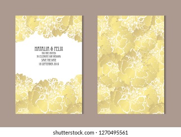 Elegant golden cards with marigold flowers, design elements. Can be used for wedding, baby shower, mothers day, valentines day, birthday, rsvp cards, invitations, greetings. Golden template background