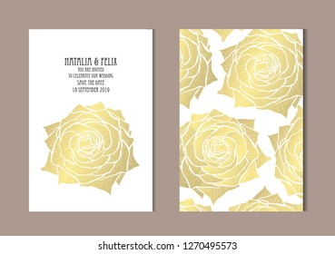 Elegant golden cards with rose flowers, design elements. Can be used for wedding, baby shower, mothers day, valentines day, birthday, rsvp cards, invitations, greetings. Golden template background