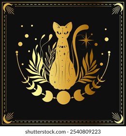 Elegant golden cat design surrounded by moons and celestial motifs on a deep black background celebrating mystical themes