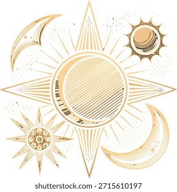 Elegante diseño celestial dorado con sol, luna y estrellas