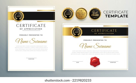 elegant golden certificate of appreciation set of two vector