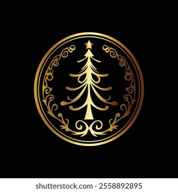 Elegant golden Christmas tree ornament design on black background for festive decoration