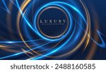 Elegant golden circle frame surrounded by blue and gold light effects with bokeh elements. Dark, futuristic luxury style background design perfect for award ceremonies or product promotions.