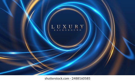 Elegant golden circle frame surrounded by blue and gold light effects with bokeh elements. Dark, futuristic luxury style background design perfect for award ceremonies or product promotions.