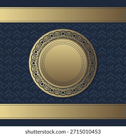 Elegant Golden Circle Frame Template on Ornate Dark Blue Background