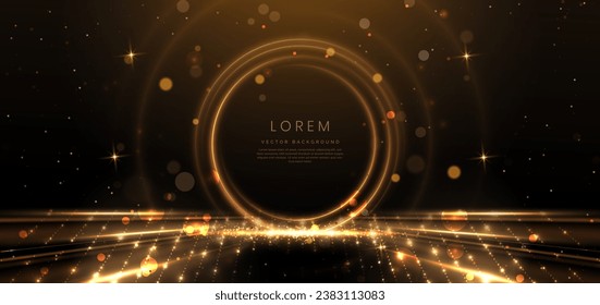 Elegant golden circle glowing with lighting effect sparkle on black background. Template premium award design. Vector illustration