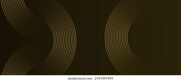 Elegant Golden Circular Line Pattern on Dark Background. A premium abstract vector illustration featuring symmetrical golden concentric arcs and thin parallel lines. Ideal for luxury branding, sophisticated event backdrops, and high-end web design.
