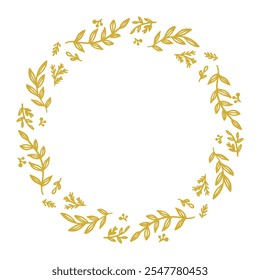 Elegant golden circular wreath with leaves and berries, vector, copy space