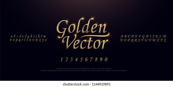 Elegant Golden Colored Metal Chrome Alphabet Font. Gold Typography Classic Style Serif Font Set. Vector Illustration