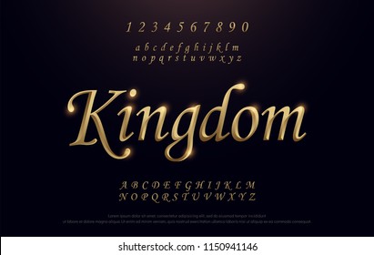 Elegant Golden Colored Metal Chrome alphabet font. Kingdom Gold typography classic style serif font set. vector illustration