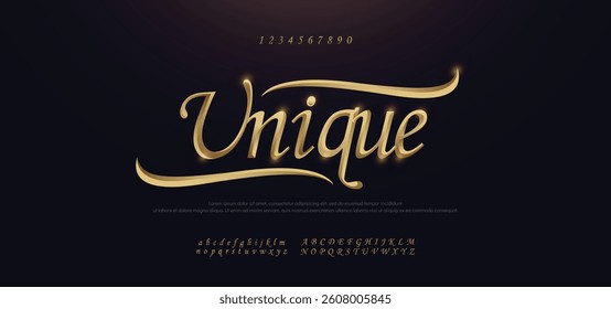 Elegant Golden Colored Metal Chrome alphabet font. Gold typography classic style serif font set. vector illustration