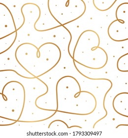 Elegant golden continuous hearts. Outlined gold heart seamless pattern. Beautiful background for design gift pack, wrapping paper, wrapper, wallpaper, interior, prints, package, textile, packaging