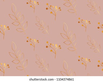 Elegant golden contour leaves on the pink background. Seamless pattern.
