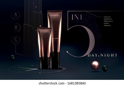 Elegant golden cosmetic luxury product background premium cream tube for skin care products. Foundation template. Luxury facial cream. Cosmetic ads flyer or banner design. Makeup products brand