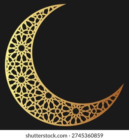 Elegant golden crescent moon shape features intricate arabesque patterns and floral designs, creating a beautiful vector illustration on a black.
