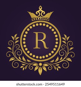 Elegant golden crown emblem with floral flourishes on a purple background.