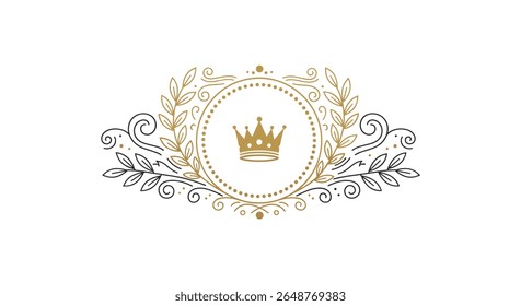 Elegante emblema coroa dourada cercado por coroa de louros ornamentado e floreios decorativos exalando prestígio real
