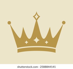 Elegant golden crown with pointed edges and decorative elements on a beige background. Symbol of royalty, luxury, and power. Vector illustration