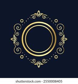 Elegant golden decorative emblem with intricate swirls and circular centerpiece on a dark background