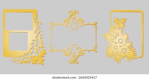 Elegant golden decorative frame designs featuring ornate floral and nature-inspired elements. This vector design is perfect for wedding invitation cards, and adding a touch of elegant vintage flair.