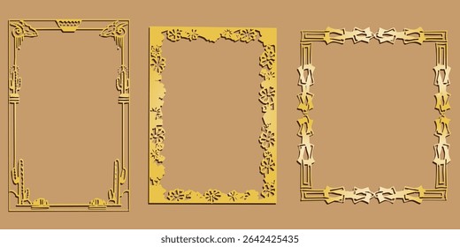 Marcos decorativos dorados elegantes en varios estilos y patrones, sobre un fondo marrón cálido. Ideal para invitaciones, bodas y proyectos de diseño vintage. Incluye art deco, floral,